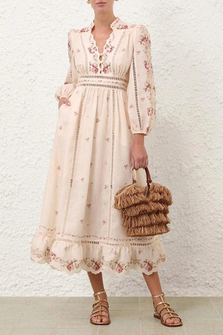 Váy ZIMMERMANN dáng dài kem hoa hồng