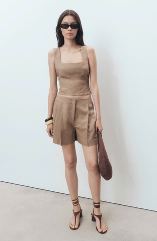 Quần short MANGO linen nâu xếp ly