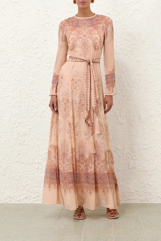 Váy ZIMMERMANN lụa nâu nude dáng dài kèm belt