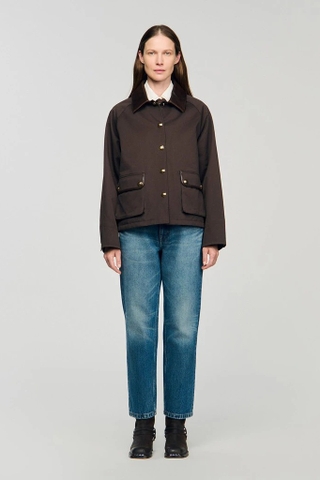 Áo SANDRO nâu cổ cải da túi 2 bên