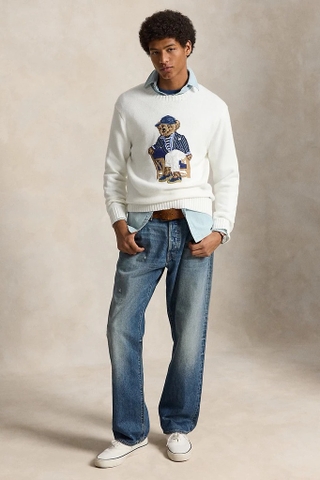 Áo len RALPH LAUREN trắng gấu áo xanh kẻ