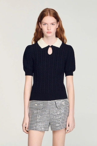 Áo SANDRO cộc tay cổ sen trắng cườm