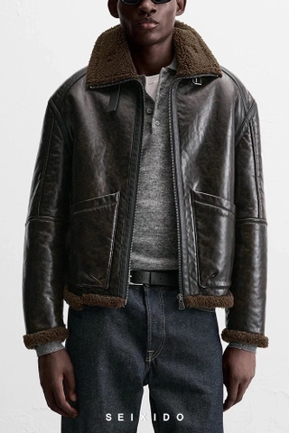 Áo khoác ZARA MAN cổ lông nâu