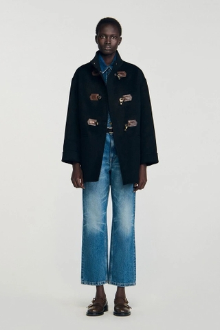 Áo dạ SANDRO đen khuy móc da nâu