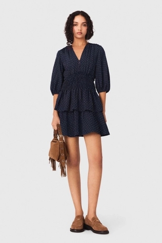 Váy MAJE navy đính đá cổ V chun eo