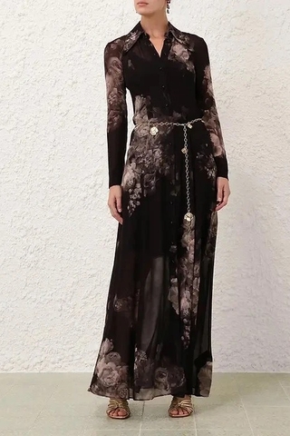 Váy sơ mi ZIMMERMANN đen hoa dài