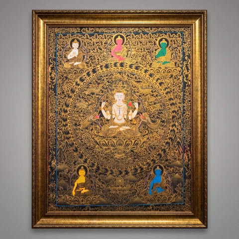 Tranh Thangka Quan Âm Tứ Thủ – Vẽ Vàng 24K Siêu Khổ 127×157cm | Pháp Tạng
