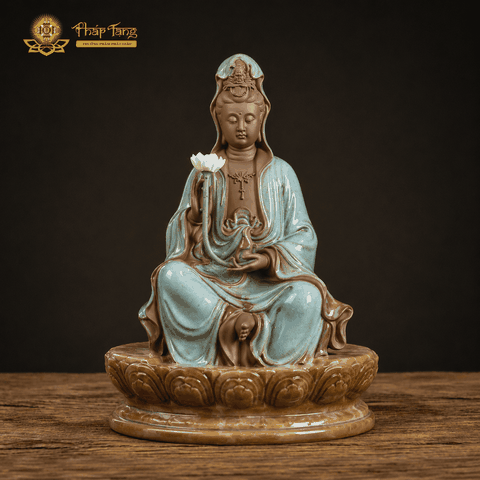 Tượng Đức Bồ Tát Đại Thế Chí Cầm Sen Trắng Gốm (29.5cm)