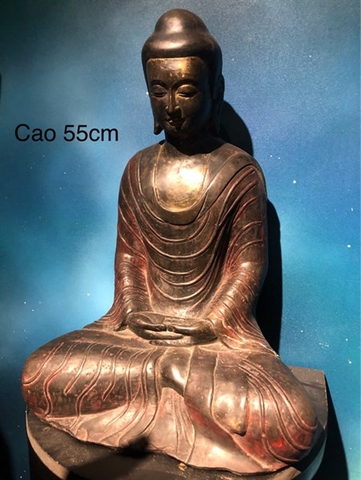 Tượng Đức Bổn Sư Thích Ca đá xanh nguyên khối xưa sưu tầm Ấn Độ 55cm