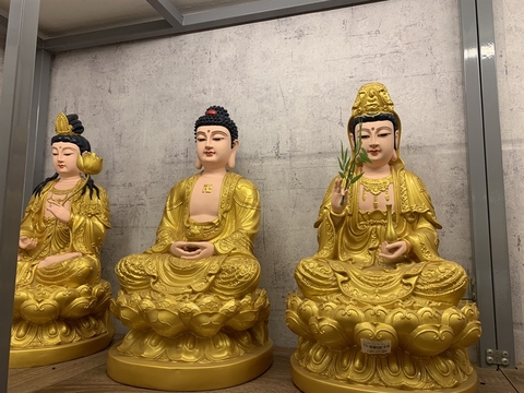 Tượng Tây Phương Tam Thánh composite vàng Việt Nam thế ngồi 50cm