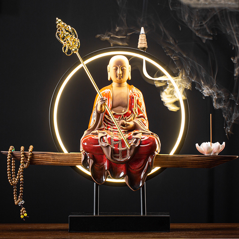 Tượng Đức Địa Tạng Vương gốm tử sa (bộ gồm kệ đèn)