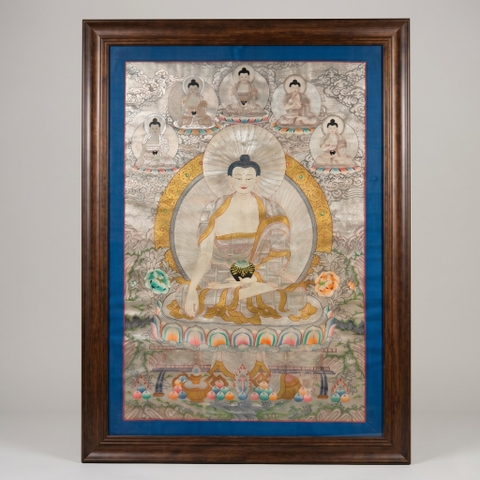 Tranh Thangka Bổn Sư Thích Ca Vẽ Bạc Tu Viện Gompa 90x120cm | Pháp Tạng