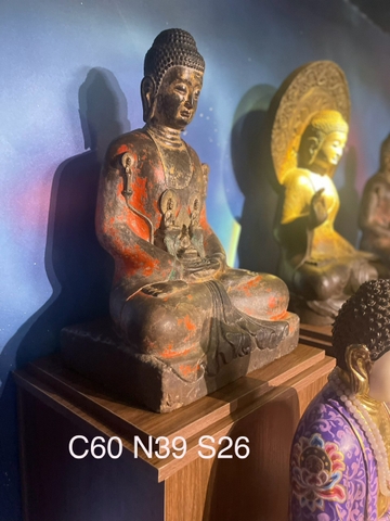 Tượng Đức Bổn Sư Thích Ca thiền định đá xanh nguyên khối xưa sưu tầm 60cm