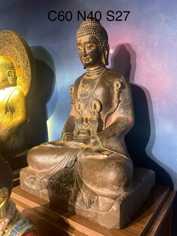 Tượng Đức Bổn Sư Thích Ca thiền định đá xanh nguyên khối xưa sưu tầm 60cm