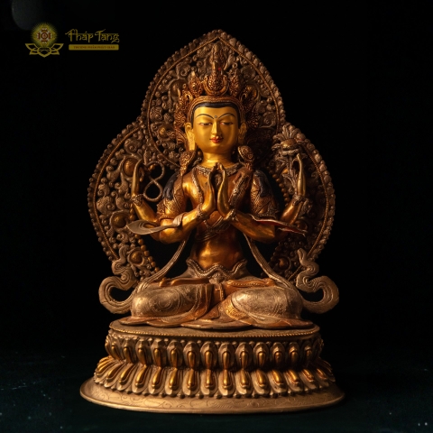 Tượng Bồ Tát Quan Thế Âm Tứ Thủ Đồng Mạ Vàng Nepal Mật Tông 60cm