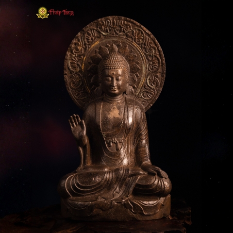 Tượng Đức Bổn Sư Thích Ca Kiết Ấn Vô Uý Hào Quang Tròn Đá Xanh Nguyên Khối Xưa Sưu Tầm 72cm