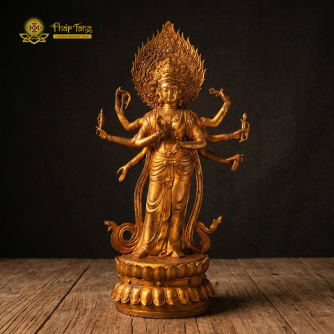 Tượng Quán Thế Âm Bồ Tát 8 Tay Dáng Đứng Đồng Vàng Đài Loan 40cm