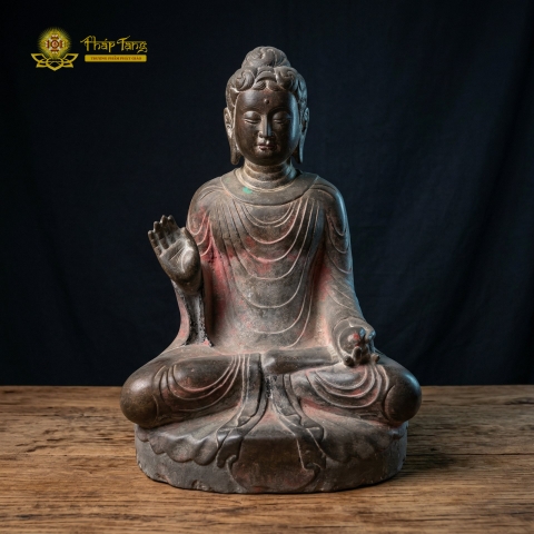 Tượng Phật Thích Ca Đá Xanh Nguyên Khối Thủ Ấn Vô Úy 55cm Sưu Tầm