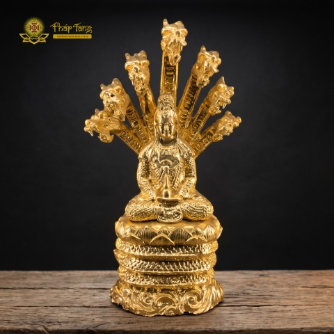 Tượng Quán Thế Âm Bồ Tát Rắn Thần Naga Đồng Mạ Vàng 20cm