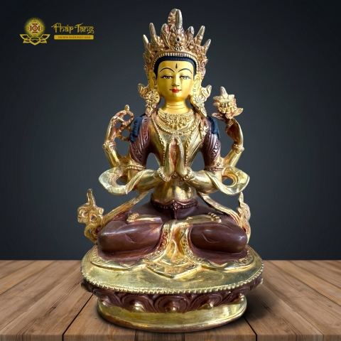 Tượng Quán Thế Âm Bồ Tát Tứ Thủ Nepal Đồng Vàng Sơn Nâu