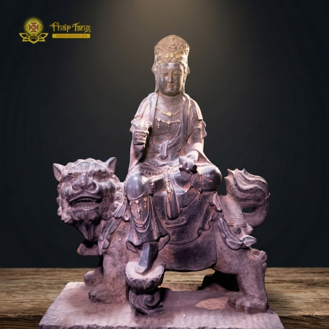 Tượng Văn Thù Sư Lợi Cưỡi Sư Tử Đá Xanh Độc Bản 67cm