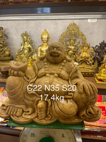 Tượng Đức Di Lặc đá canxit vân gỗ dáng ngồi 22cm