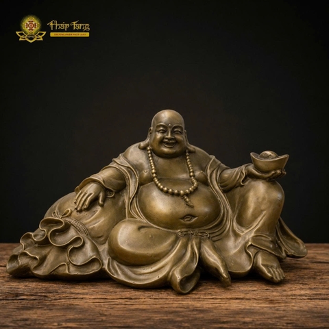 Tượng Đức Di Lặc Đồng Ôm Túi Tài Bảo (14x27x13cm)