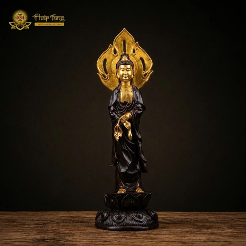 Tượng Quán Thế Âm Bồ Tát Gỗ Myanmar Dát Vàng 24K