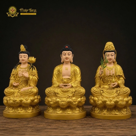 Tượng Tây Phương Tam Thánh Composite Vàng Việt Nam Thế Ngồi 50cm
