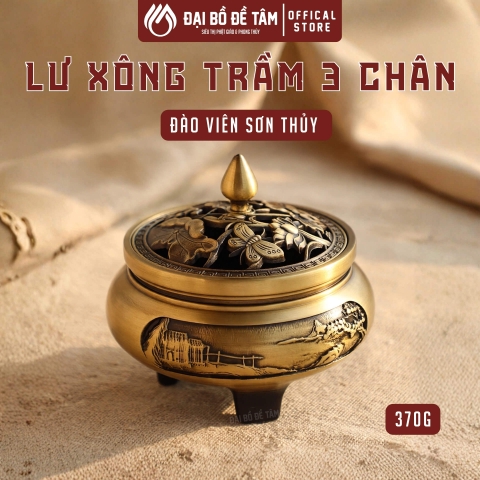 [COMBO] Lư Xông Trầm Đồng Ba Chân Đào Viên Sơn Thủy + Hộp Nụ Trầm Hương Thiện Trầm 20 Nụ
