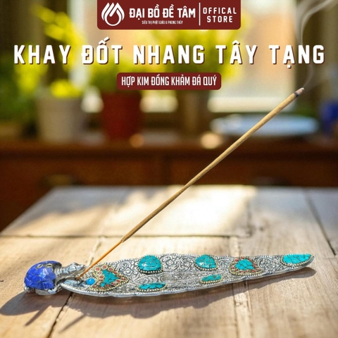 Khay đốt nhang cây thủ công Tây Tạng – Hợp kim đồng khảm đá quý