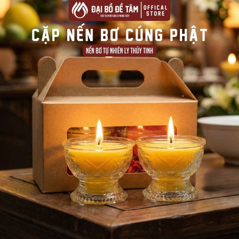 Cặp Nến Bơ Tự Nhiên Ly Thủy Tinh Cháy 8H – Nến Cúng Dường Ánh Sáng Bàn Thờ Phật | Siêu thị Đại Bồ Đề Tâm