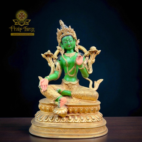 Thánh Tượng Đức Tara Xanh 24cm (Lục Độ Phật Mẫu) Đồng Mạ Vàng 24K Nepal