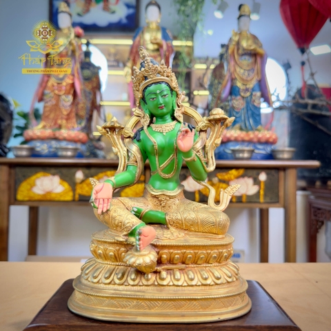 Thánh Tượng Đức Tara Xanh Lục Độ Phật Mẫu Đồng Mạ Vàng Nepal 24cm