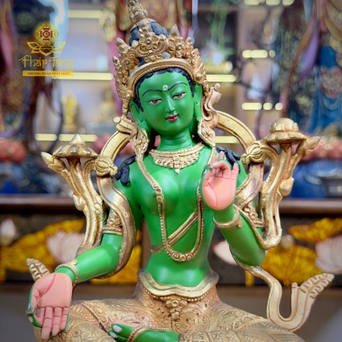 Thánh Tượng Đức Tara Xanh Lục Độ Phật Mẫu Đồng Mạ Vàng Nepal 24cm