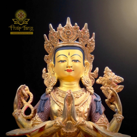 Thánh Tượng Quan Âm Tứ Thủ 32cm Đồng Mạ Vàng Nepal (Om Mani Padme Hum)