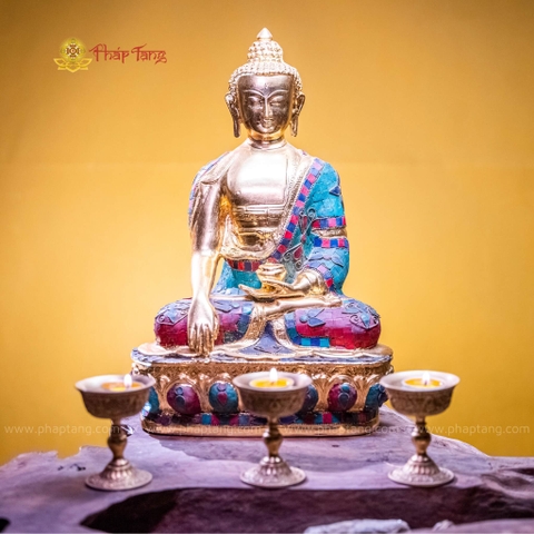 TƯỢNG PHẬT BỔN SƯ ĐỒNG GẮN ĐÁ XANH DÁT VÀNG 9999 40CM