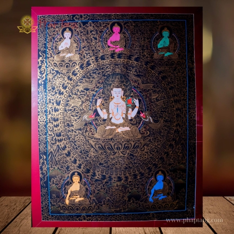 THANGKA BỒ TÁT QUAN ÂM TỨ THỦ NỀN ĐEN VẼ TAY THỦ CÔNG NEPAL KT 127X157CM