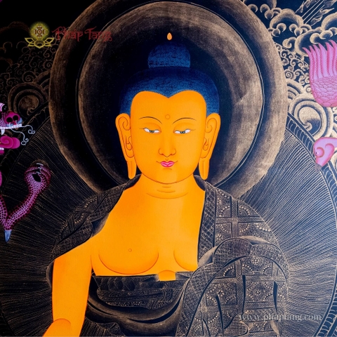 THANGKA ĐỨC BỔN SƯ  THÍCH CA VẼ VÀNG NỀN ĐEN KT 117X155cm