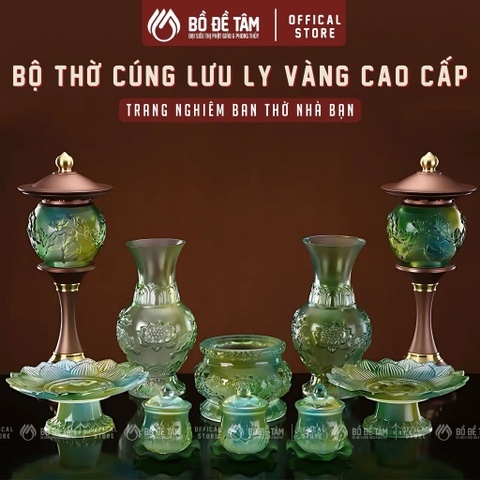 Bộ Thờ Cúng Lưu Ly Xanh Phối Đồng Cao Cấp – Bàn Thờ Phật, Gia Tiên, Thần Tài