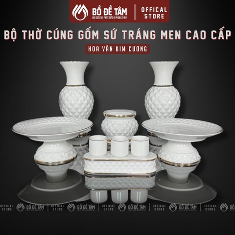 Bộ Thờ Cúng Gốm Sứ Trắng Tráng Men (Họa Tiết Kim Cương)