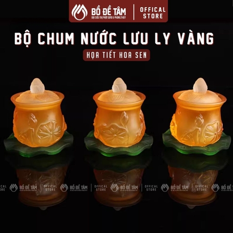 Bộ 3 Chum Nước Lưu Ly Thờ Cúng Cao Cấp – Màu Vàng Hổ Phách – Đặt Bàn Thờ Phật, Thần Tài