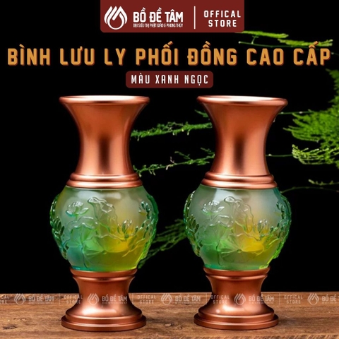 Bình Lưu Ly Xanh Đồng Chân Đồng 21cm – Bình Dâng Hoa Thờ Phật, Gia Tiên – Siêu Thị Bồ Đề Tâm
