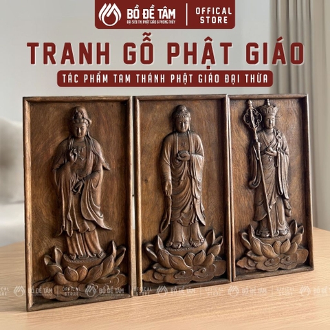 Tranh Gỗ Bộ Tam Thánh 20x40cm Treo Tường – Phật A Di Đà, Quán Âm, Địa Tạng | Siêu Thị Bồ Đề Tâm