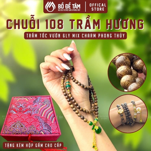 Vòng Tay Trầm Hương 108 Hạt 6 Ly Mix Charm Phong Thủy Ngũ Hành