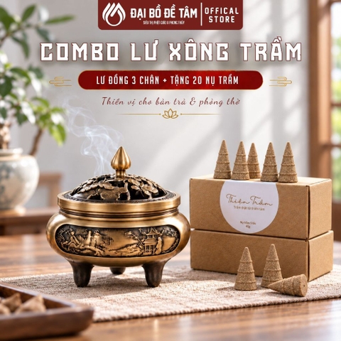 [COMBO TIẾT KIỆM] Lư Xông Trầm Đồng 3 Chân + Tặng Nụ Trầm Hương Tự Nhiên 20 Nụ