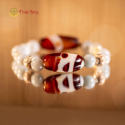 VÒNG NGỌC JADE MYANMAR TYPE A 8 LY MIX ĐÁ AGATE VÀ CHRAM BẠC 925 - PHÁP TẠNG