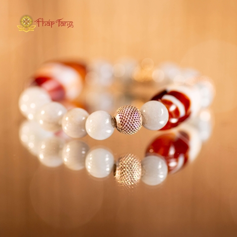 VÒNG NGỌC JADE MYANMAR TYPE A 8 LY MIX ĐÁ AGATE VÀ CHRAM BẠC 925 - PHÁP TẠNG