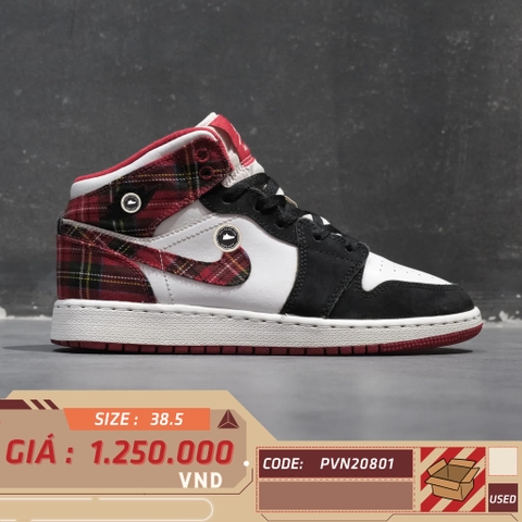 NIKE AIR JORDAN 1 MID WHITE PLAID (GS) 554725 607 SIZE 38.5 GIÀY 2HAND CHÍNH HÃNG PVN20801