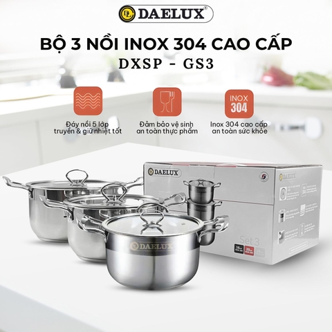 Bộ 3 nồi Inox 304 đáy từ 5 lớp siêu bền Daelux size 16 + 20 + 24cm nắp kính cường lực DXSP-GS3